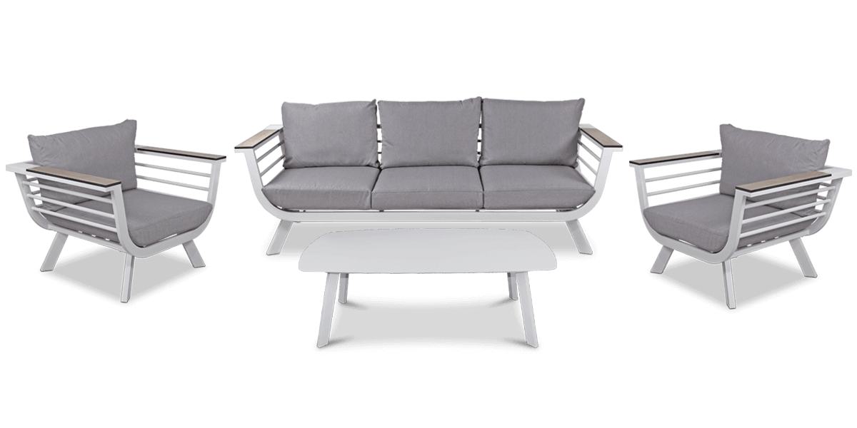 Amalfi 3 Seater with 2x Armchairs & Coffee Table in Arctic White with HPL Accent and Spuncrylic Stone Grey Cushions