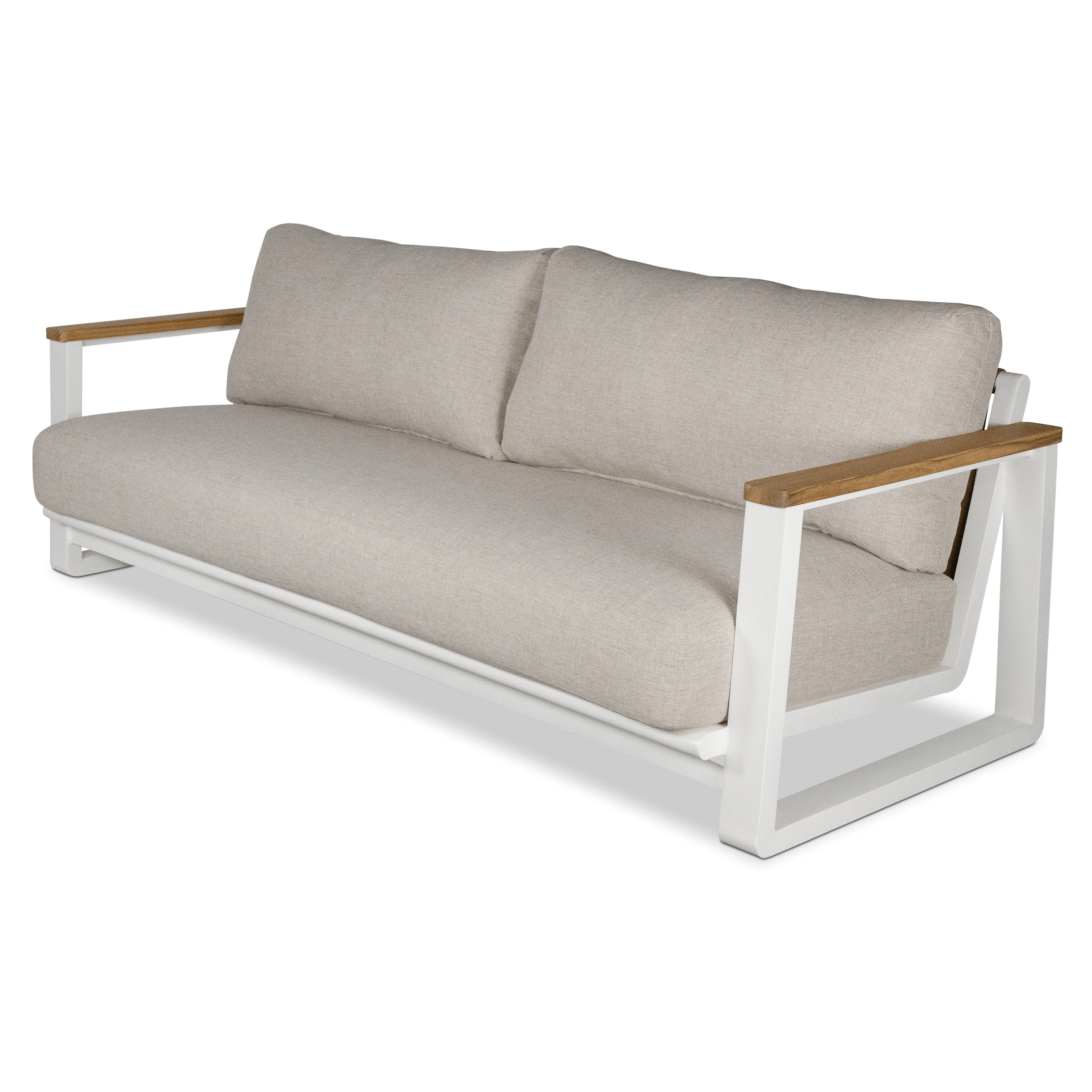 Aruba 3 Seater with Synthetic Leather Inset, Teak Arms, Stone Olefin Cushions and Aluminium Frame