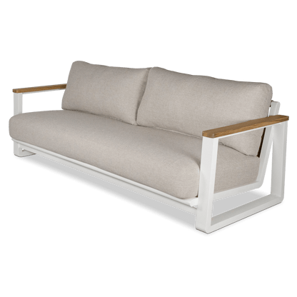 Aruba 3 Seater with Synthetic Leather Inset, Teak Arms, Stone Olefin Cushions and Aluminium Frame