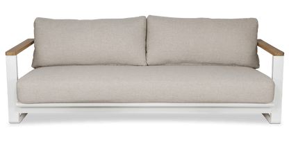 Aruba 3 Seater with Synthetic Leather Inset, Teak Arms, Stone Olefin Cushions and Aluminium Frame