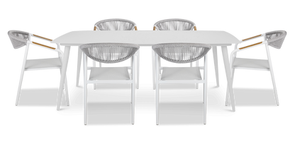 Amalfi Rectangle 7 Piece Outdoor Setting in Arctic White with Rope Chairs