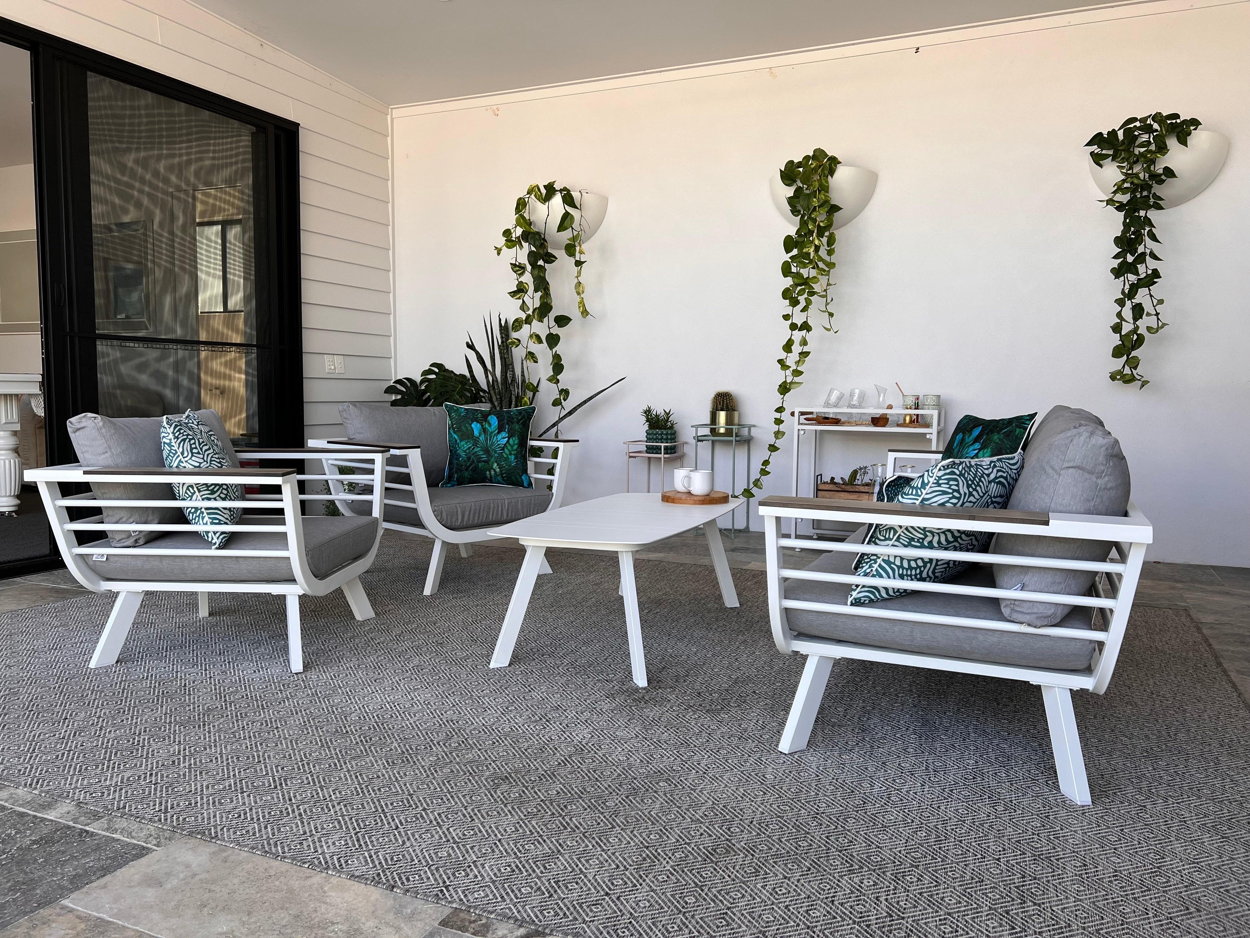 Amalfi 3 Seater with 2x Armchairs & Coffee Table in Arctic White with HPL Accent and Spuncrylic Stone Grey Cushions