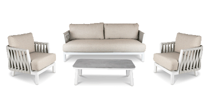 Bermuda 4pc Lounge with Sahara Sand Olefin Rope, Stone Olefin Cushions and Aluminium Frame