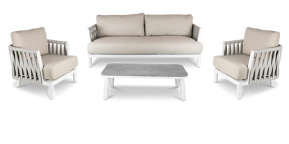 Bermuda 4pc Lounge with Sahara Sand Olefin Rope, Stone Olefin Cushions and Aluminium Frame