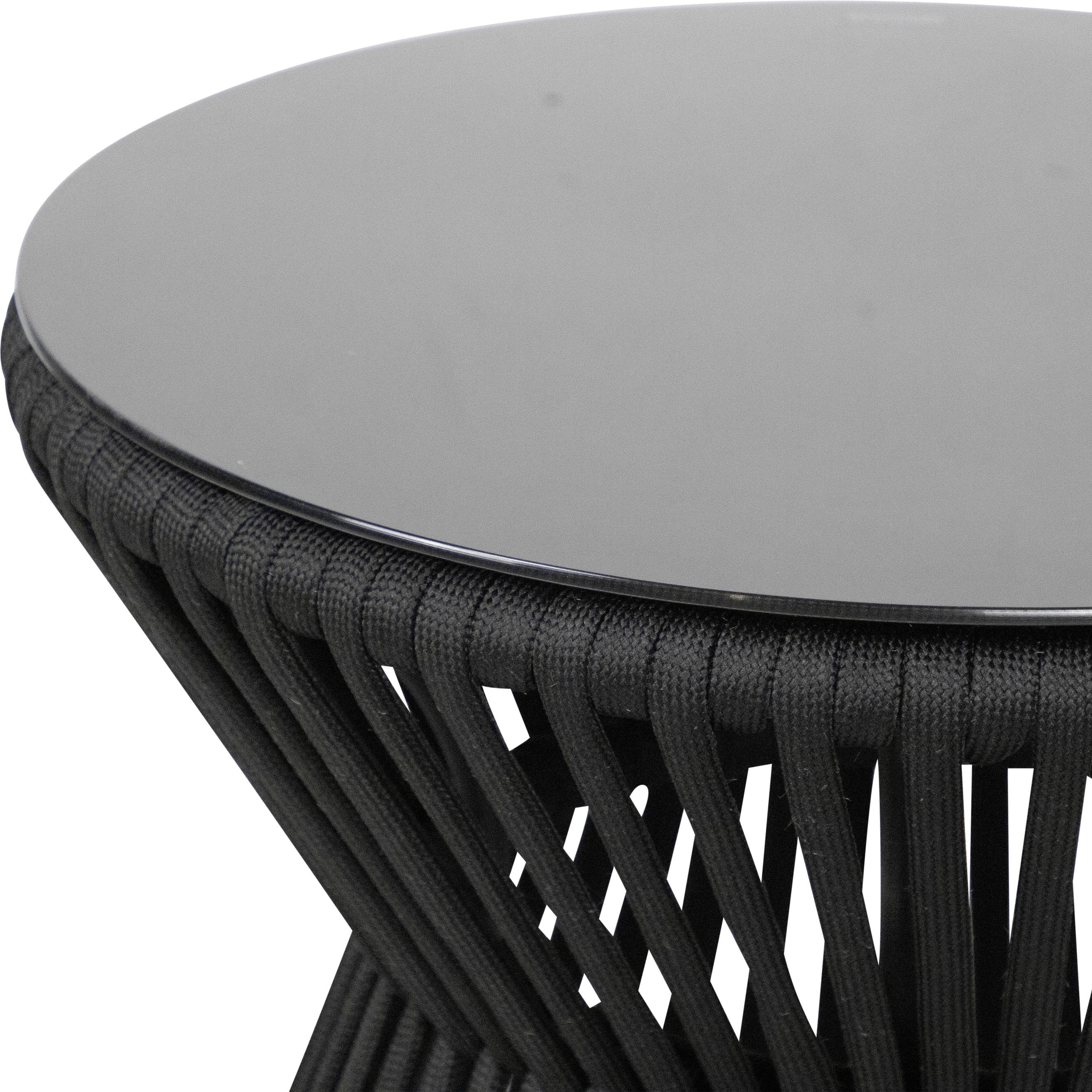 Catania Side Table with Black Olefin Woven Rope and Tempered Glass Top