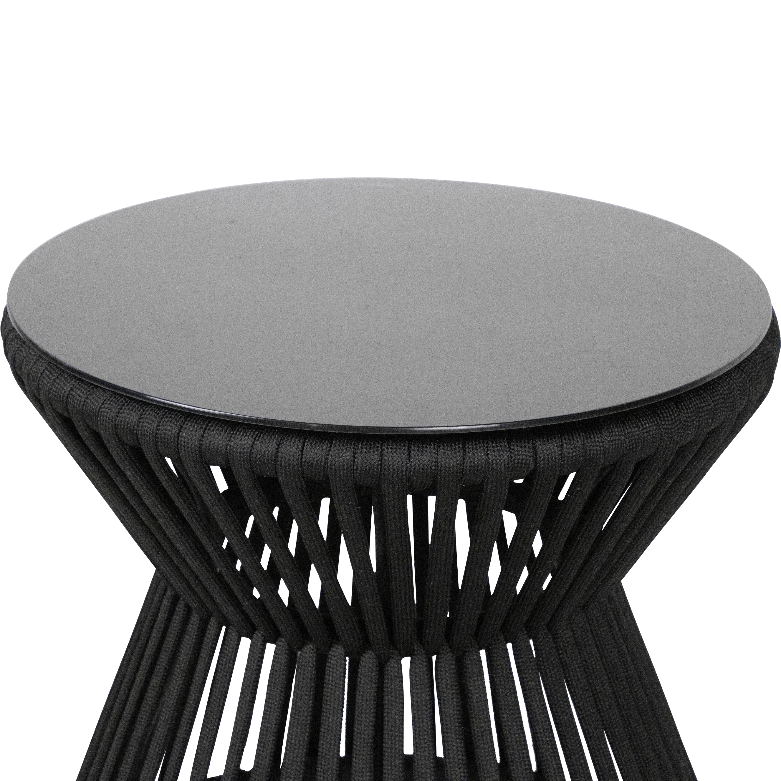 Catania Side Table with Black Olefin Woven Rope and Tempered Glass Top