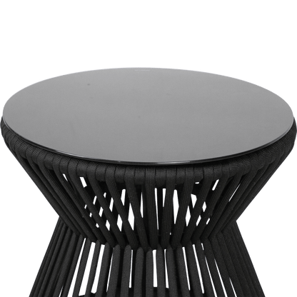 Catania Side Table with Black Olefin Woven Rope and Tempered Glass Top