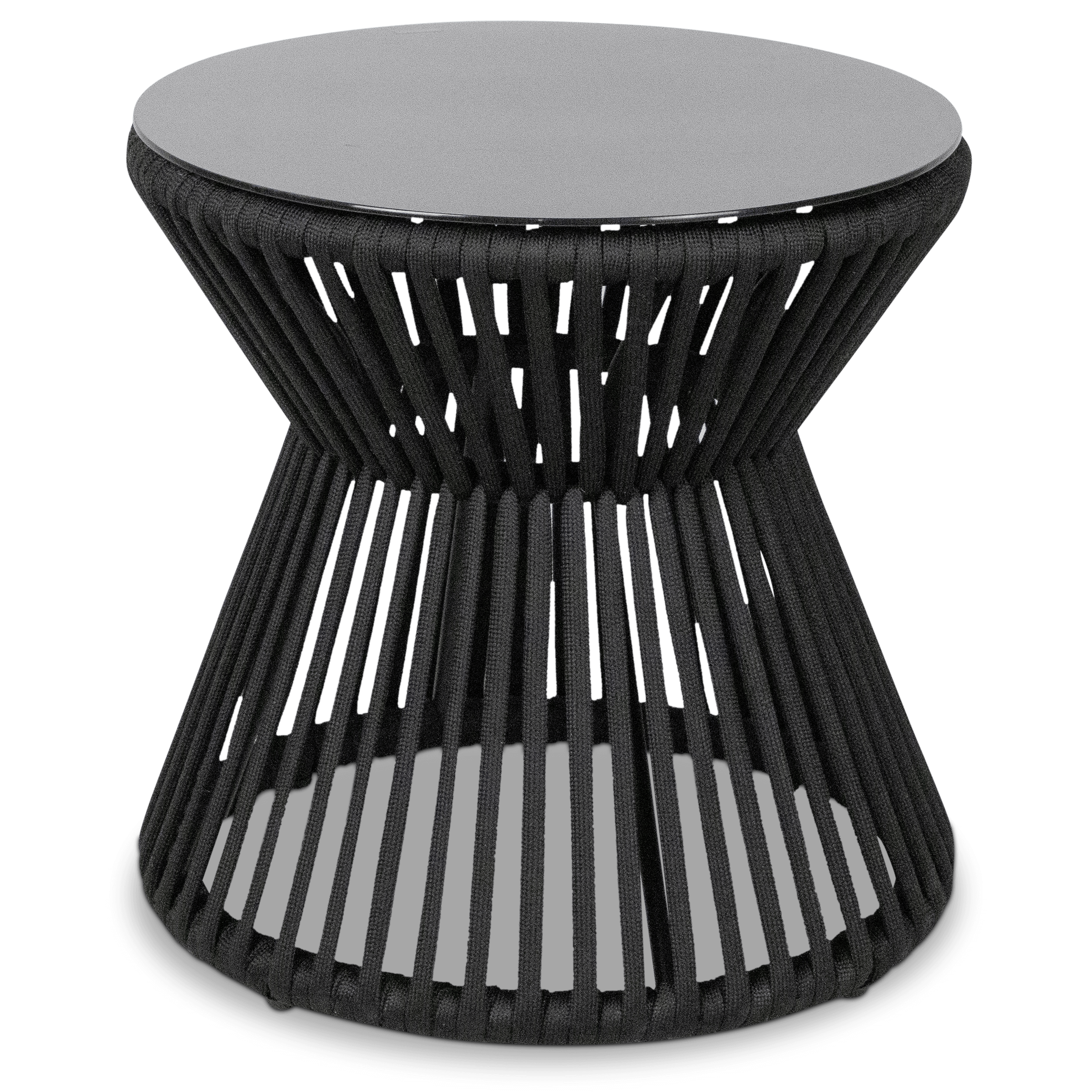 Catania Side Table with Black Olefin Woven Rope and Tempered Glass Top