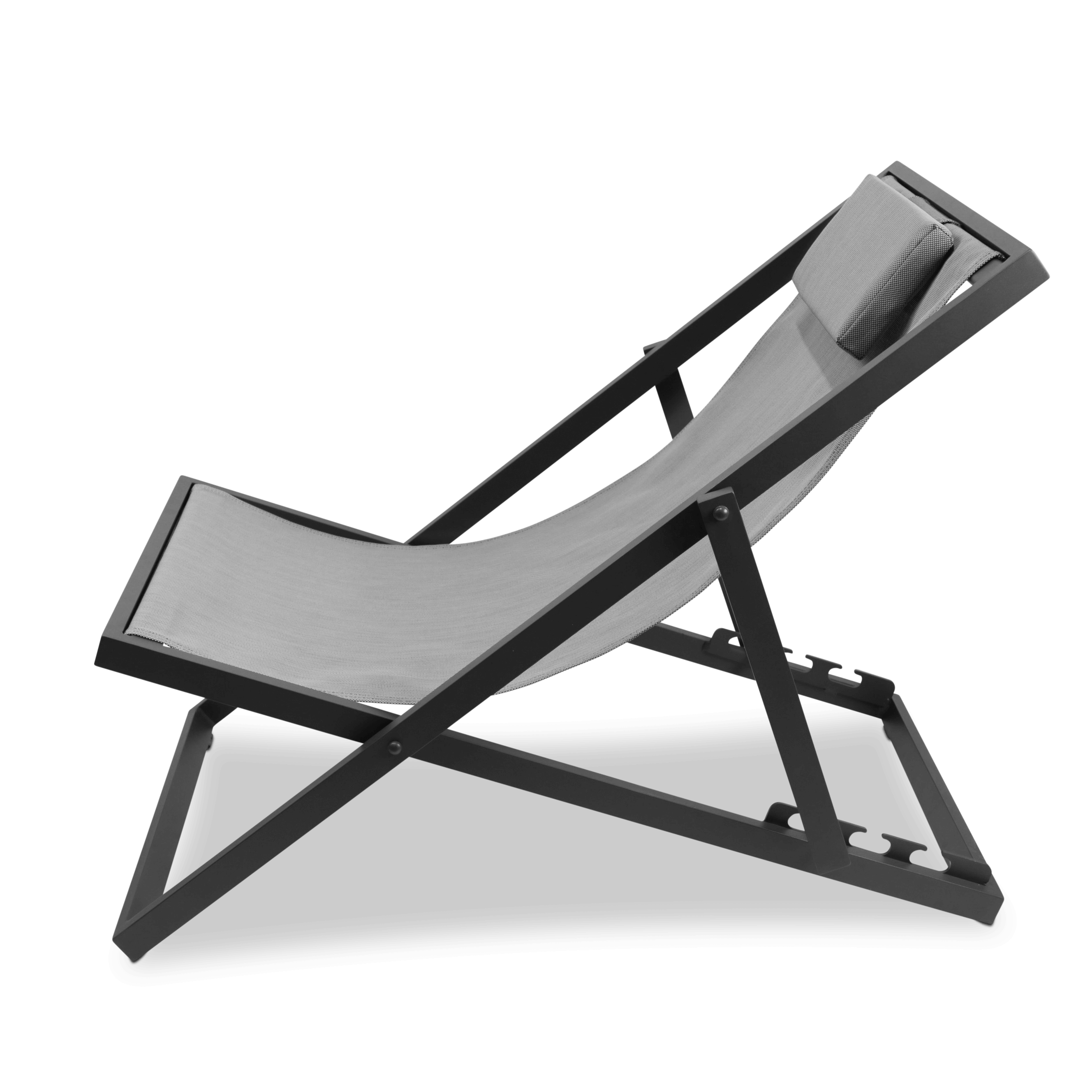 Chill Deck Chair and San Sebastian 3pc Occasional Set in Gunmetal and Charcoal Grey Textilene