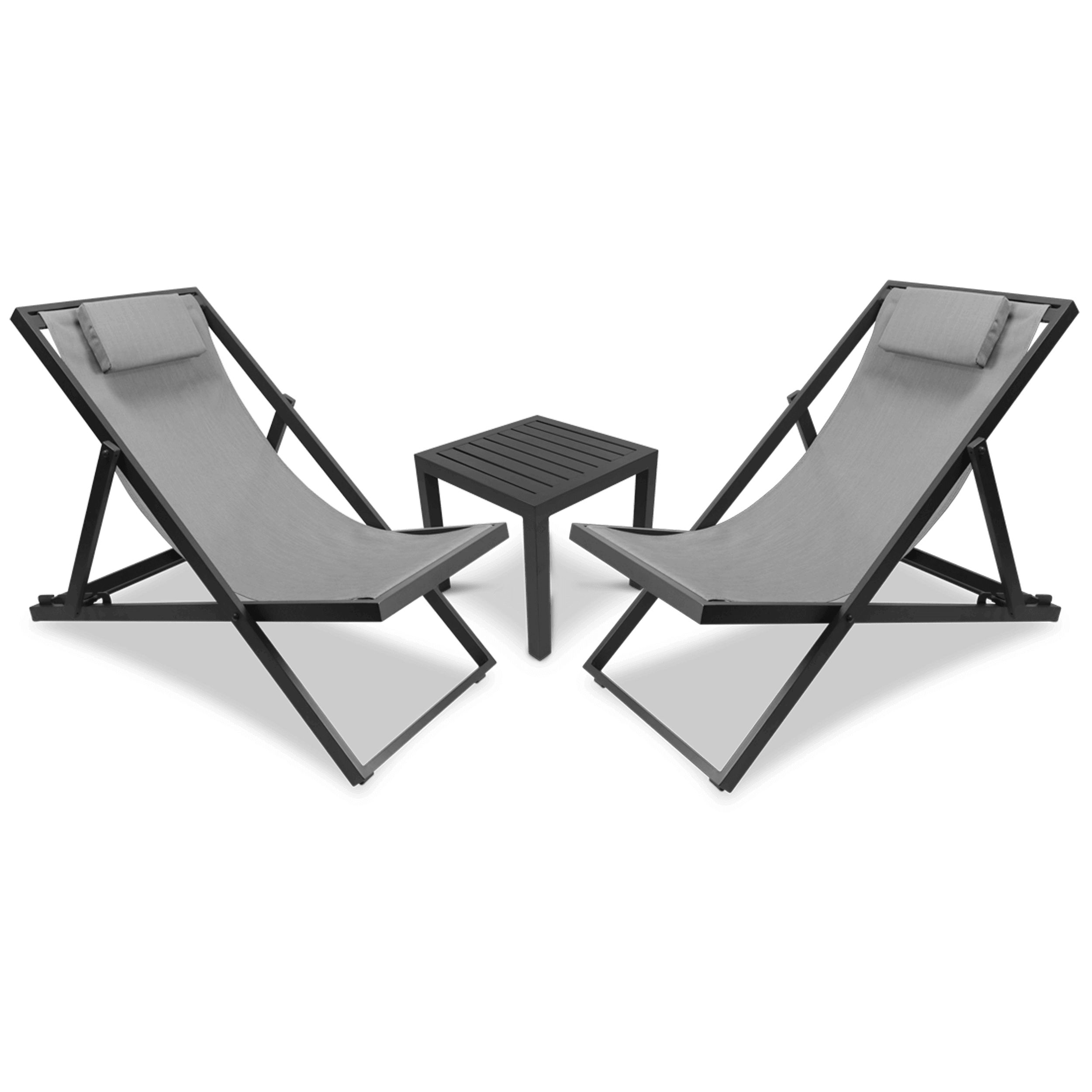 Chill Deck Chair and San Sebastian 3pc Occasional Set in Gunmetal and Charcoal Grey Textilene