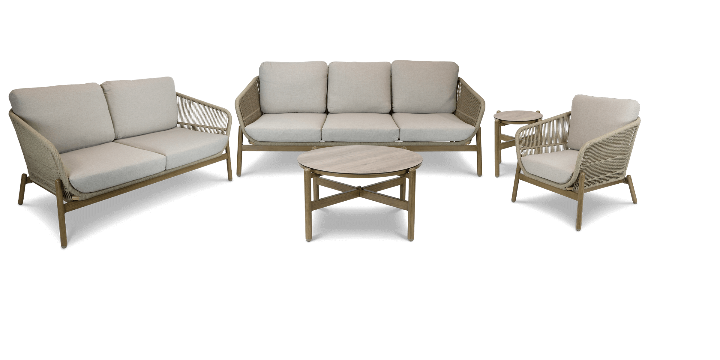 Tahiti Outdoor 3 Seater, 2 Seater, Armchair, Coffee & Side Table in Aluminium and Rope