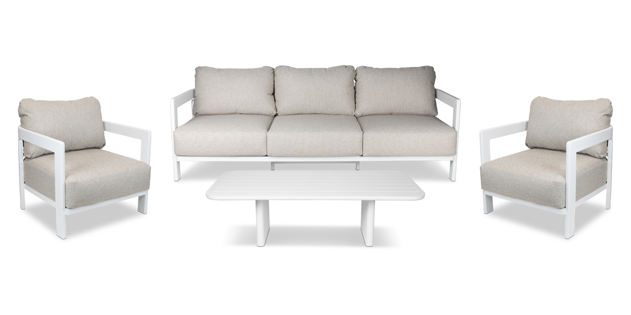 Escape 3 Seater, 2 x Armchair and Coffee Table in Arctic White with Latte Check Spun Polyester Cushions