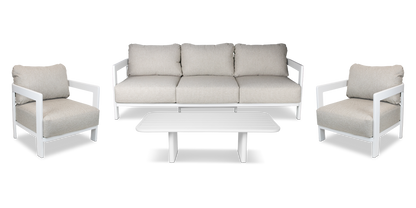 Escape 3 Seater, 2 x Armchair and Coffee Table in Arctic White with Latte Check Spun Polyester Cushions