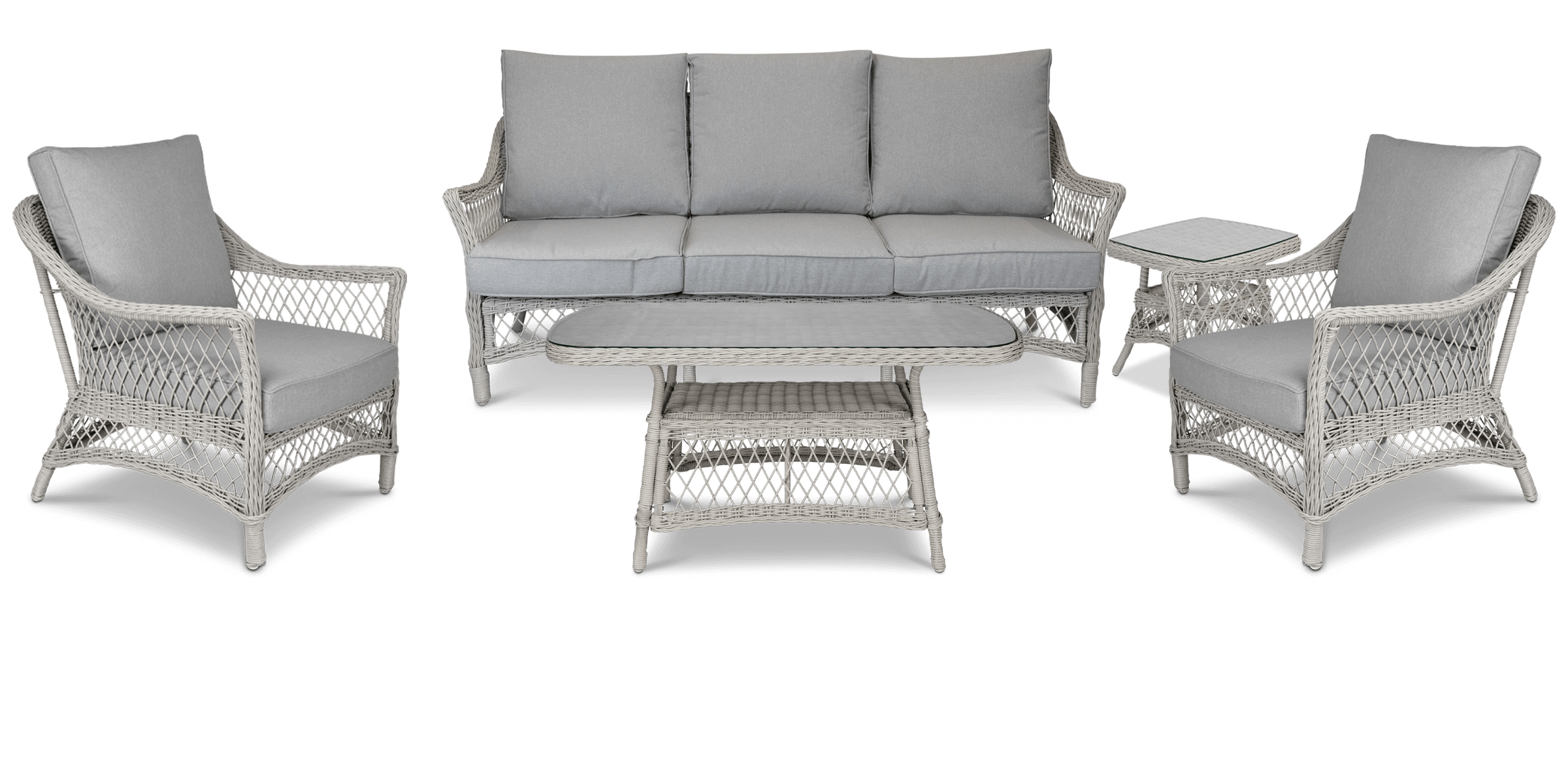 Hamptons Outdoor Wicker Lounge with 3 Seater, 2 x Armchairs, Coffee & Side Table in Dune Spunpoly Cushions