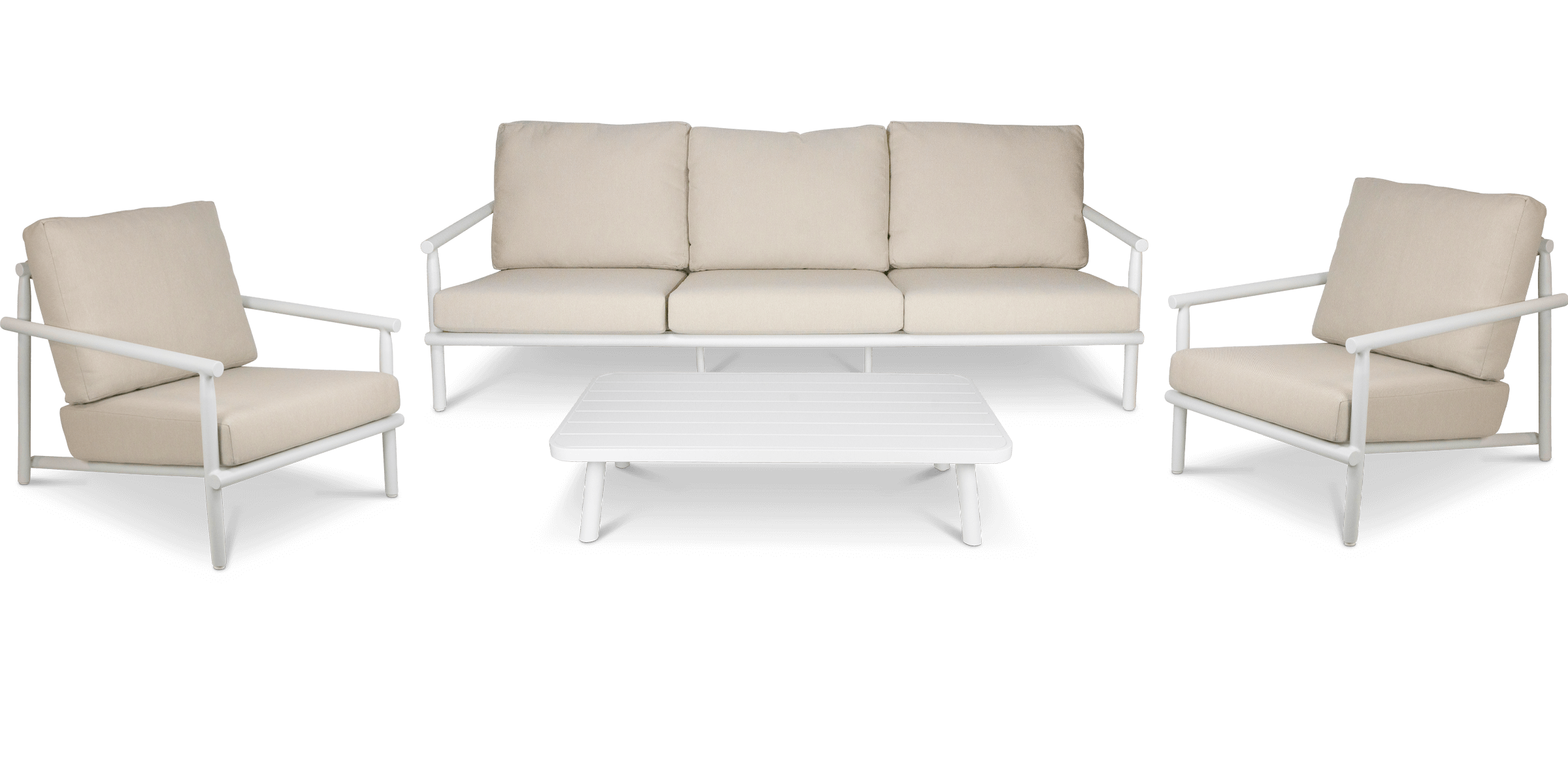 Havana 3 Seater with 2 x Armchair and Coffee Table in Arctic White with Dune Rope Inlay and Olefin Cushions