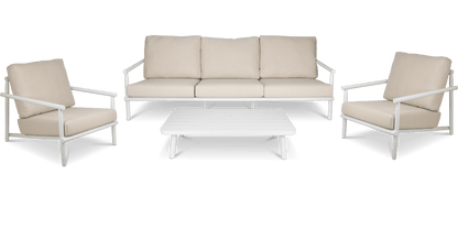 Havana 3 Seater with 2 x Armchair and Coffee Table in Arctic White with Dune Rope Inlay and Olefin Cushions