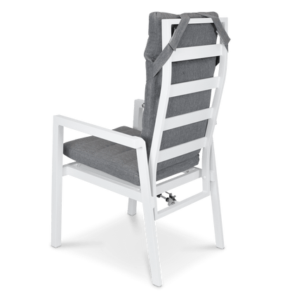 San Sebastian Reclining Dining Chair in Arctic White and Platinum Olefin Cushions