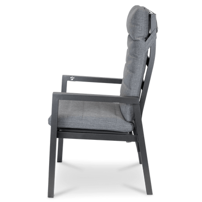 San Sebastian Reclining Dining Chair in Gunmetal and Platinum Olefin Cushions