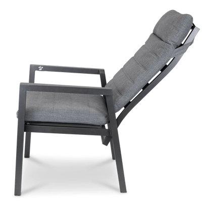 San Sebastian Reclining Dining Chair in Gunmetal and Platinum Olefin Cushions