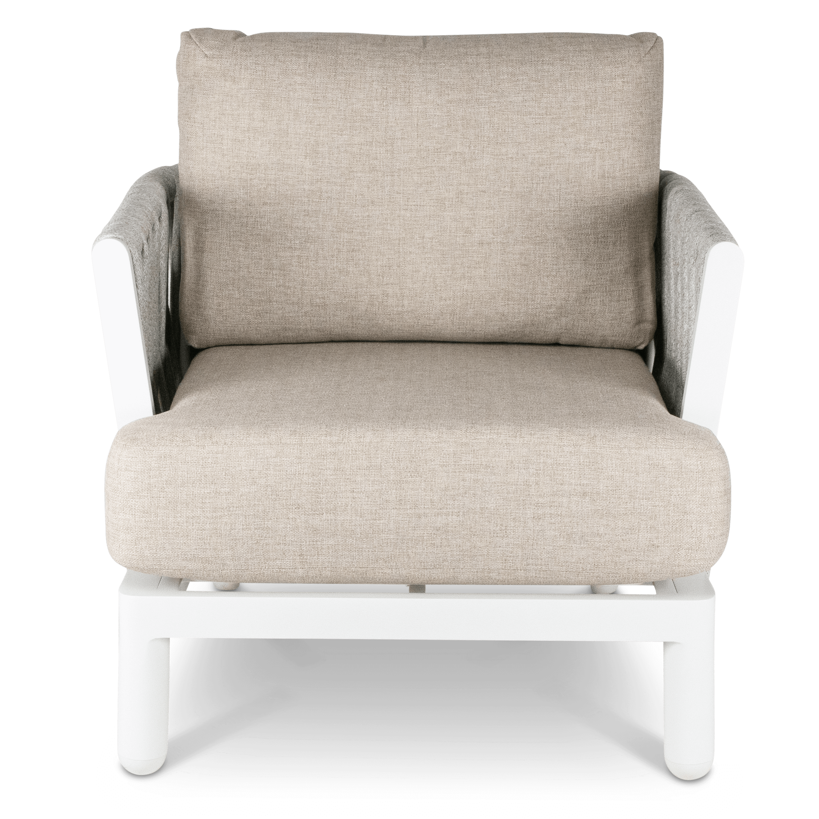 Bermuda Armchair with Sahara Sand Olefin Rope, Stone Olefin Cushions and Aluminium Frame