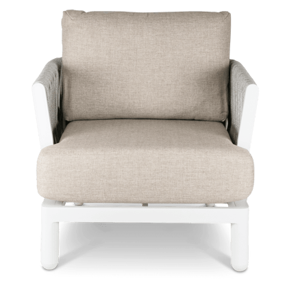 Bermuda Armchair with Sahara Sand Olefin Rope, Stone Olefin Cushions and Aluminium Frame