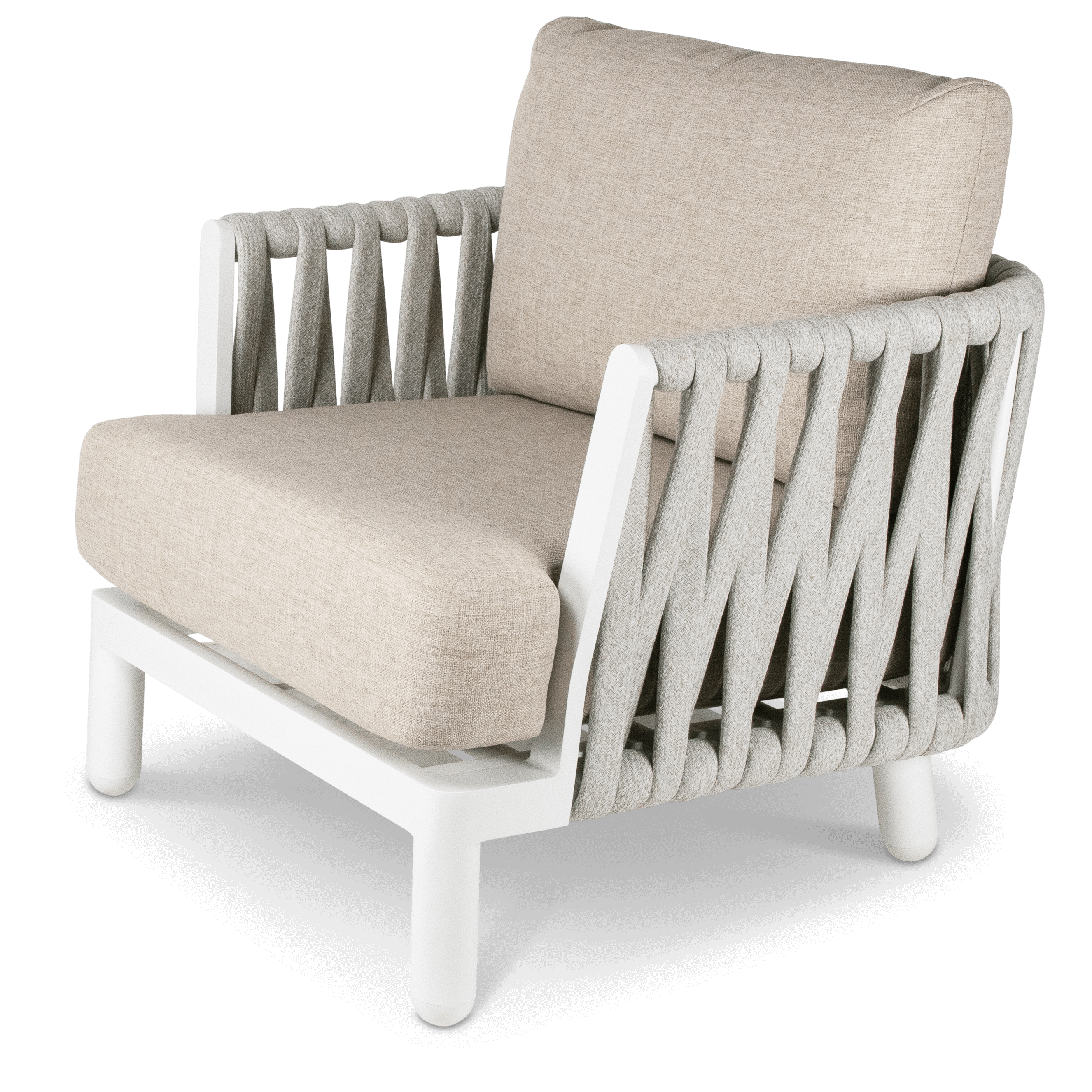 Bermuda Armchair with Sahara Sand Olefin Rope, Stone Olefin Cushions and Aluminium Frame