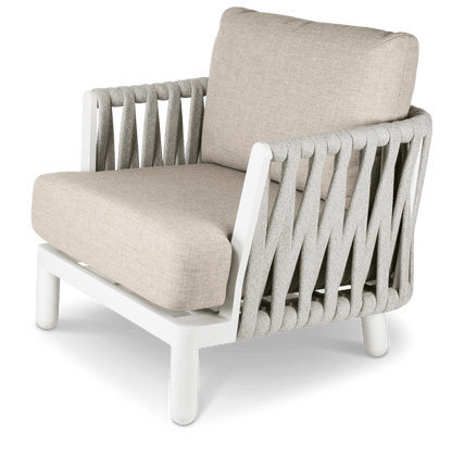 Bermuda Armchair with Sahara Sand Olefin Rope, Stone Olefin Cushions and Aluminium Frame