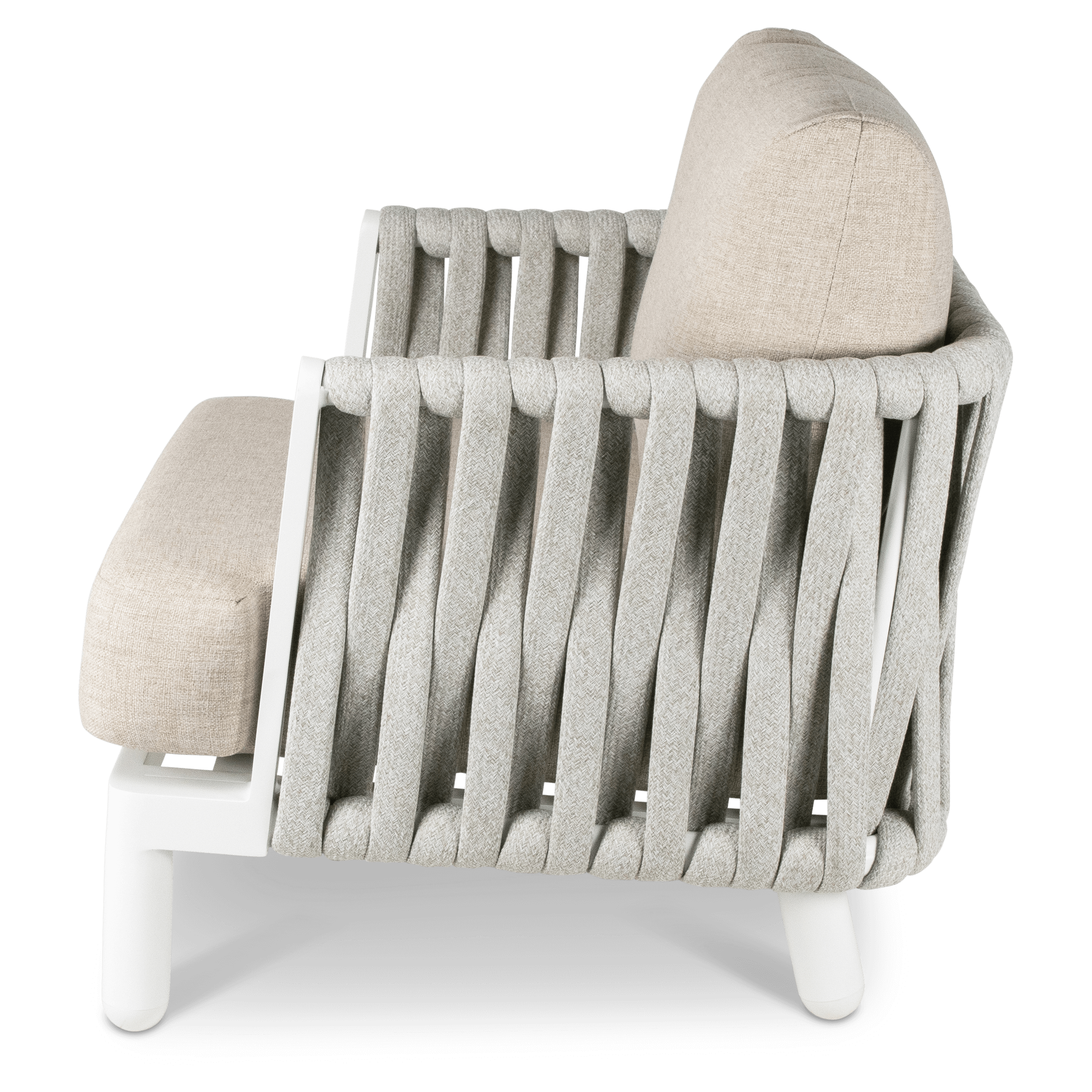 Bermuda Armchair with Sahara Sand Olefin Rope, Stone Olefin Cushions and Aluminium Frame