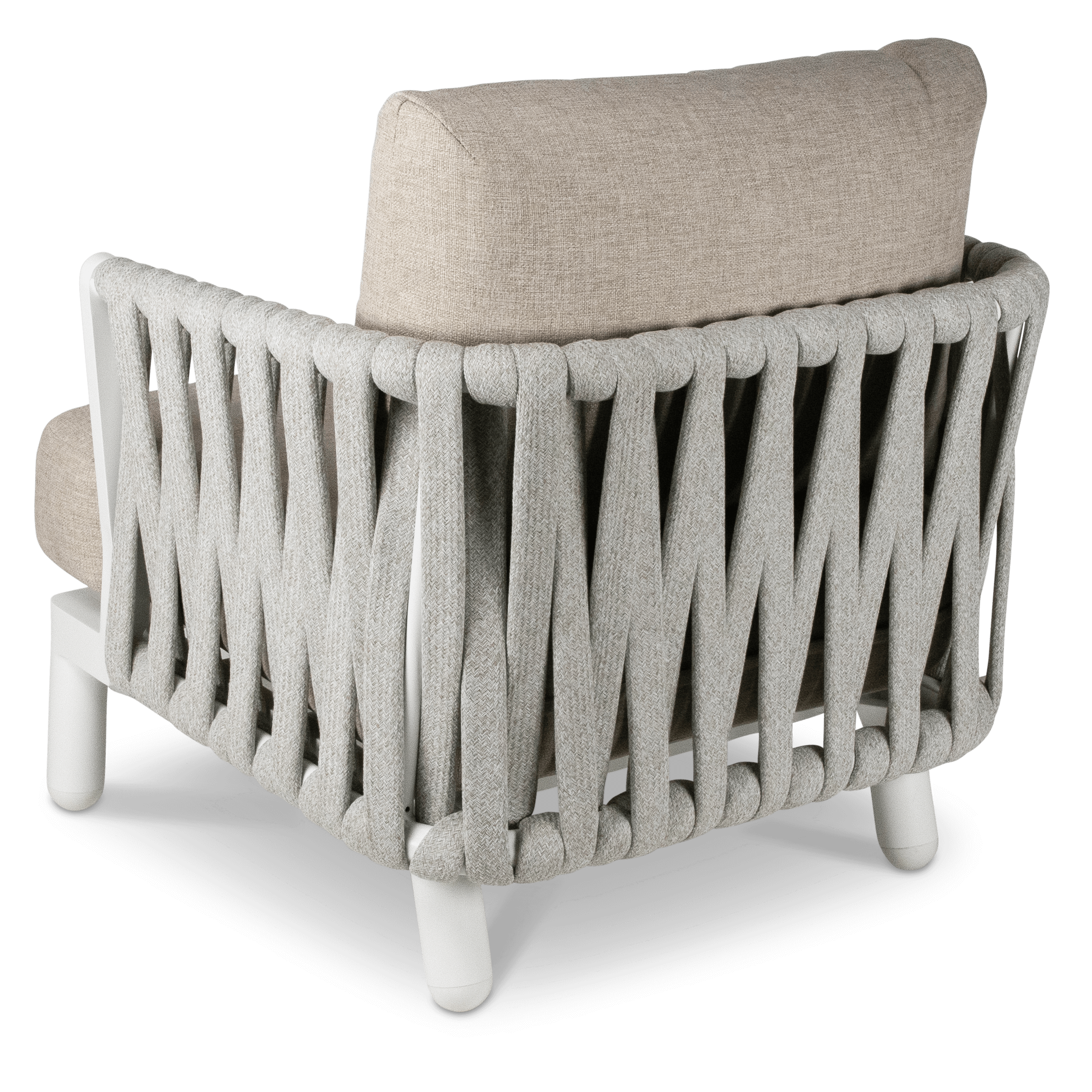 Bermuda Armchair with Sahara Sand Olefin Rope, Stone Olefin Cushions and Aluminium Frame