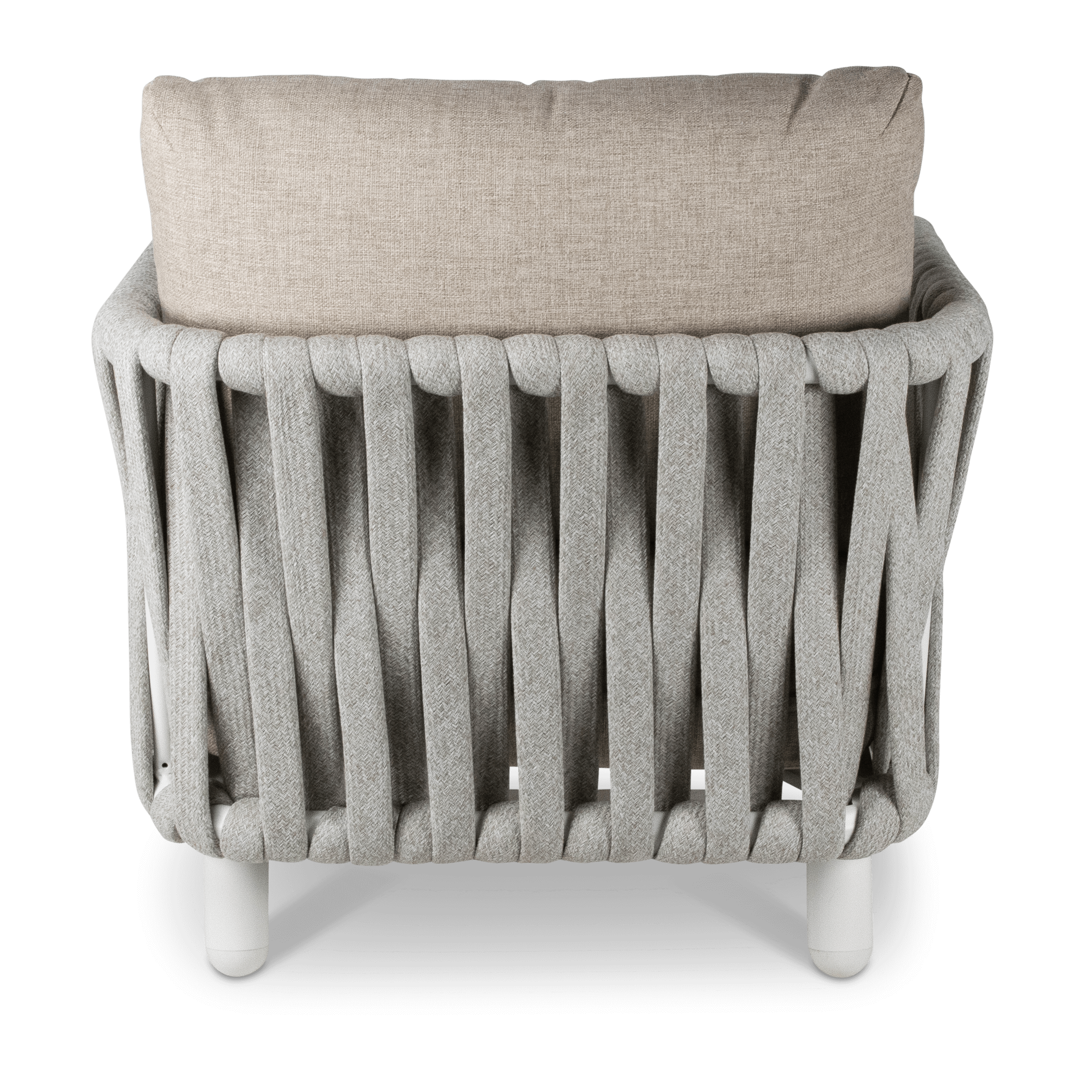 Bermuda Armchair with Sahara Sand Olefin Rope, Stone Olefin Cushions and Aluminium Frame