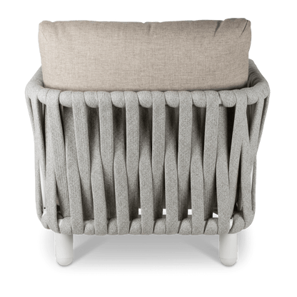 Bermuda Armchair with Sahara Sand Olefin Rope, Stone Olefin Cushions and Aluminium Frame