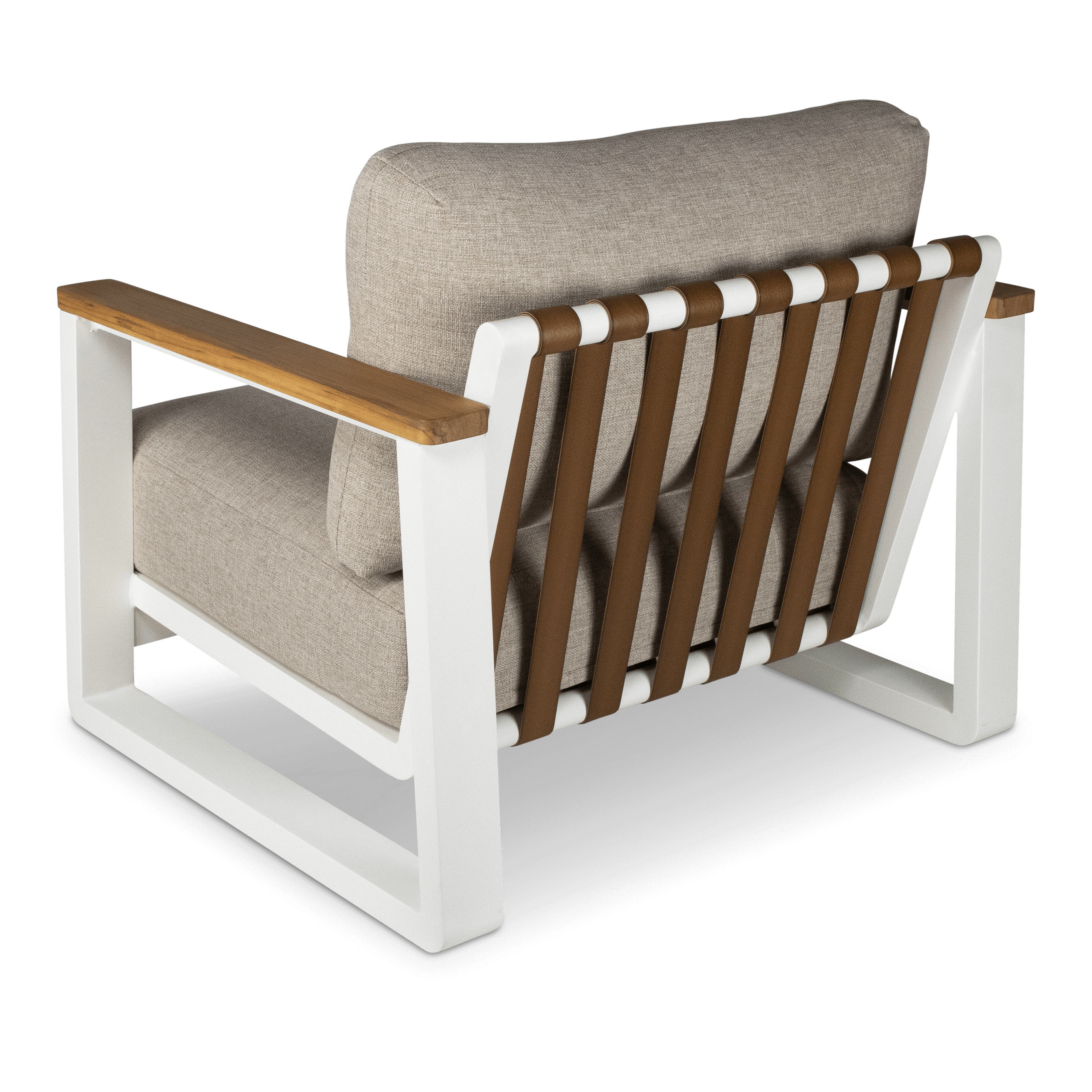 Aruba Armchair with Synthetic Leather Inset, Teak Arms, Stone Olefin Cushions and Aluminium Frame