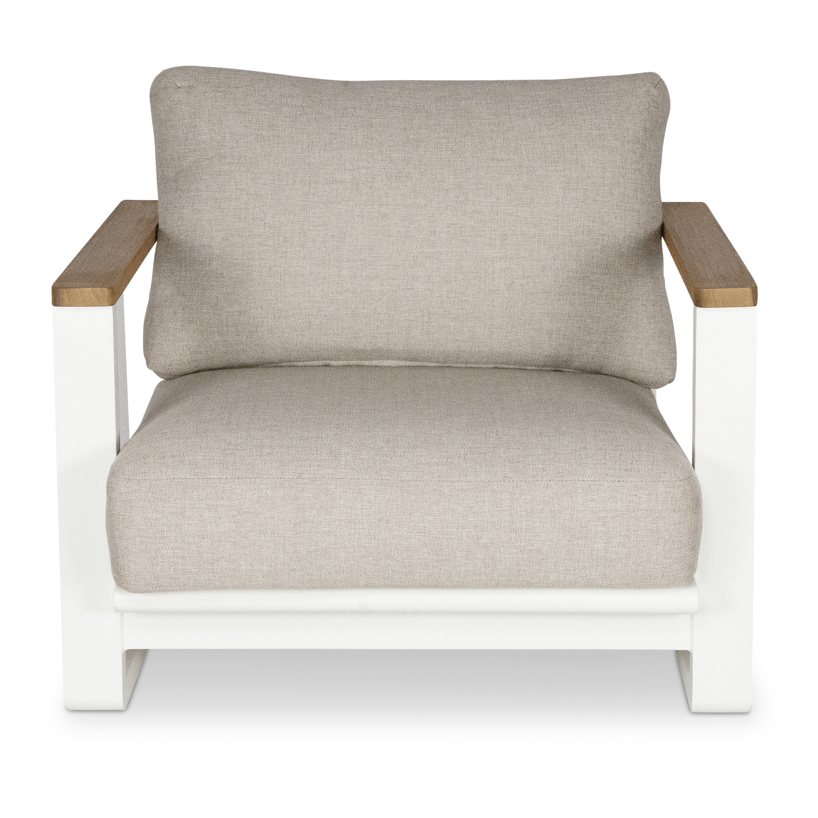 Aruba Armchair with Synthetic Leather Inset, Teak Arms, Stone Olefin Cushions and Aluminium Frame