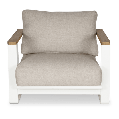 Aruba Armchair with Synthetic Leather Inset, Teak Arms, Stone Olefin Cushions and Aluminium Frame