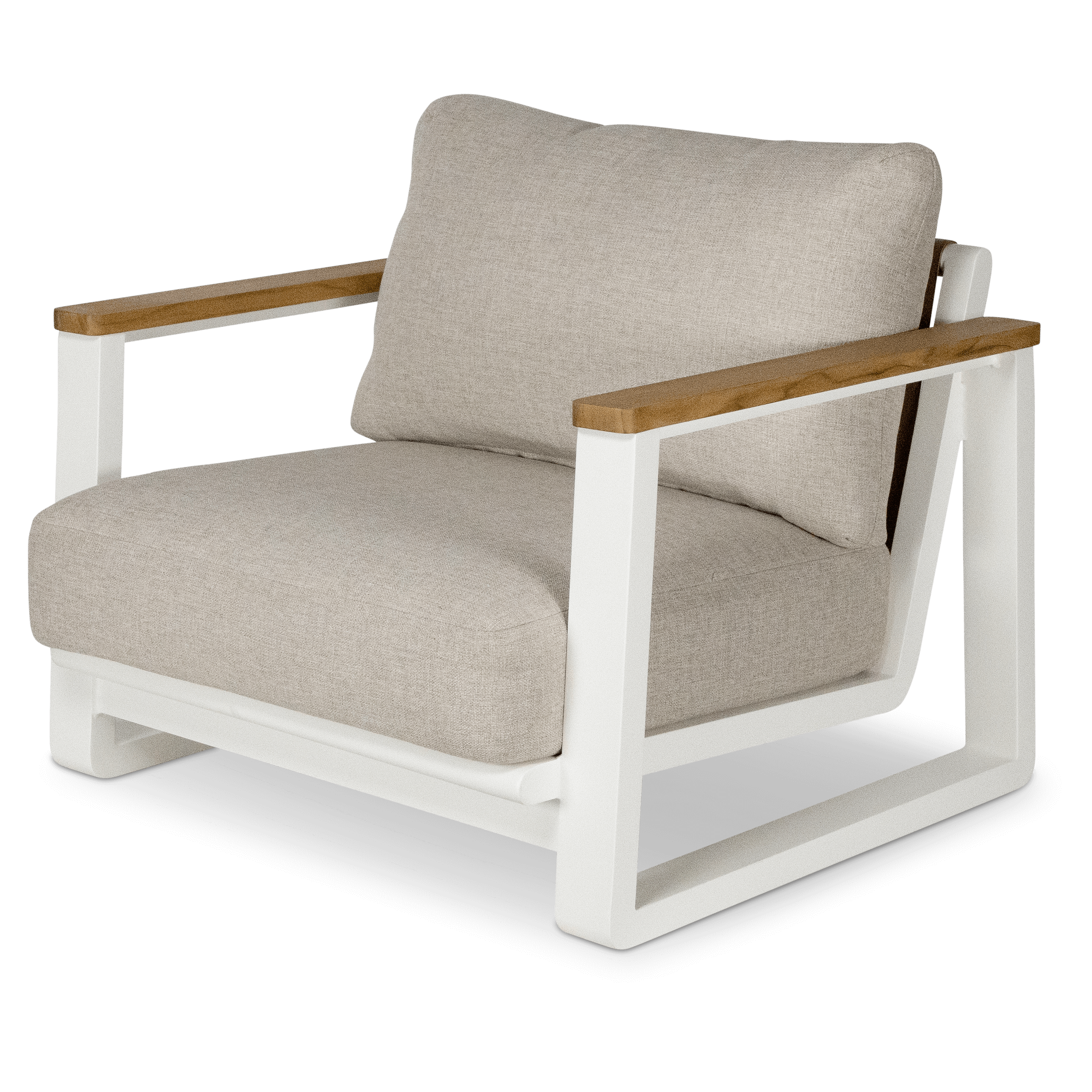 Aruba Armchair with Synthetic Leather Inset, Teak Arms, Stone Olefin Cushions and Aluminium Frame