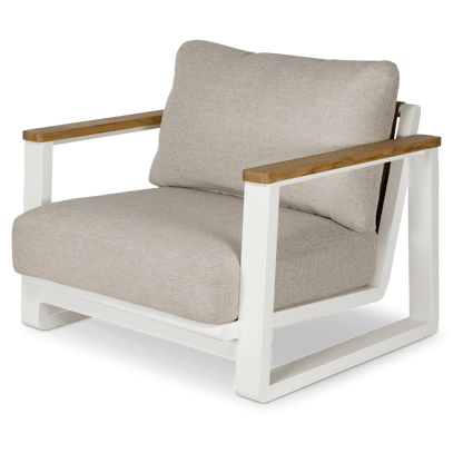 Aruba Armchair with Synthetic Leather Inset, Teak Arms, Stone Olefin Cushions and Aluminium Frame