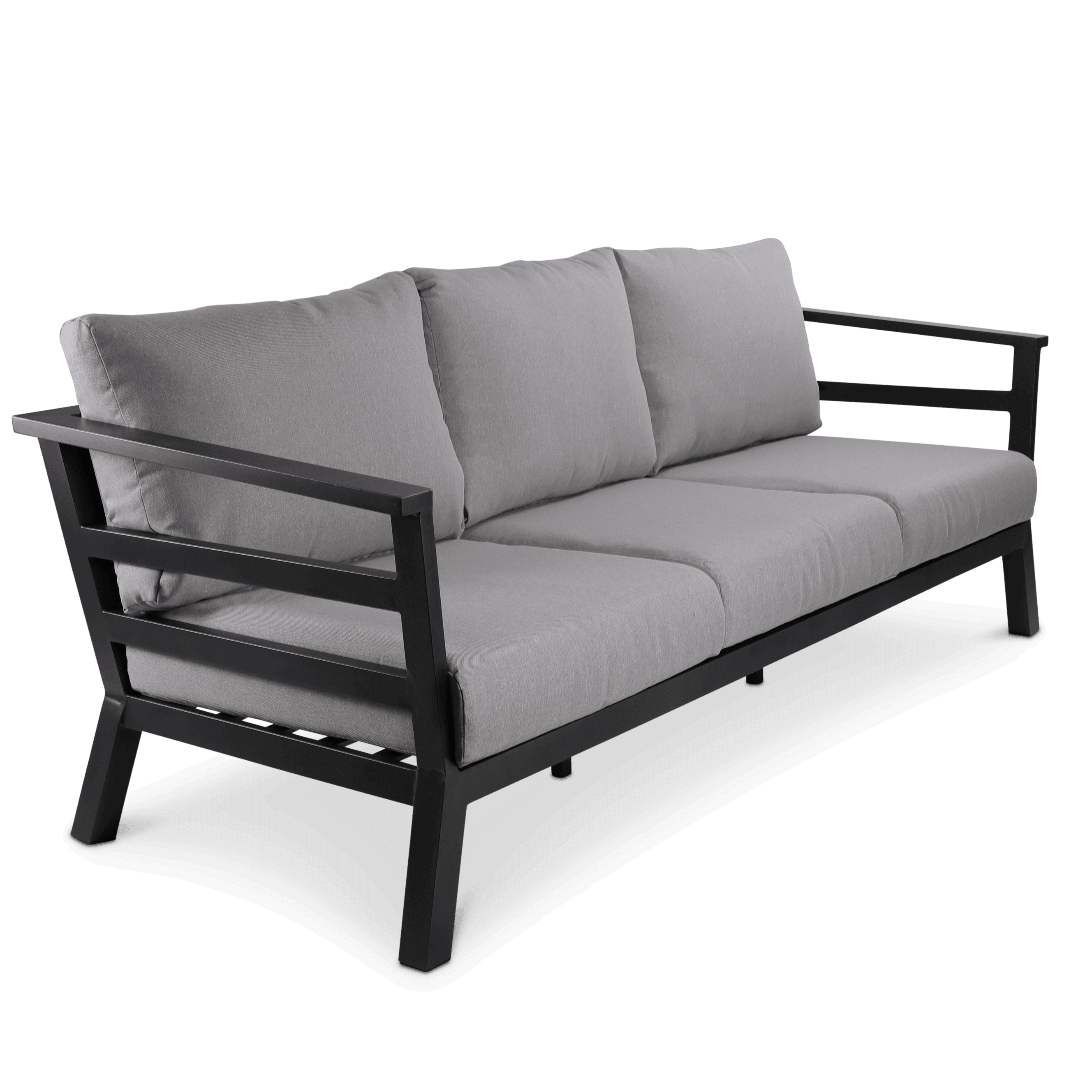 Aveiro 3 Seater with 2x Armchairs and Mykonos Adjustable Coffee Table in Gunmetal Grey with Stone Olefin Cushions