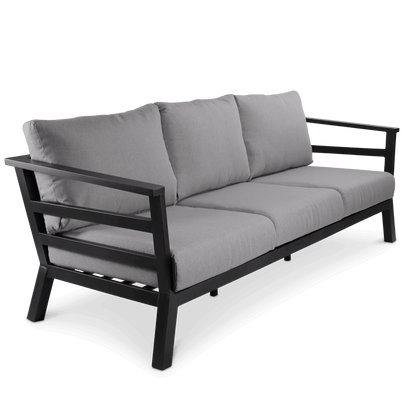 Aveiro 3 Seater with 2x Armchairs and Mykonos Adjustable Coffee Table in Gunmetal Grey with Stone Olefin Cushions