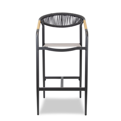 Amalfi Bar Stool in Gunmetal Aluminium Frame, Olefin Rope with Polywood Teak Accent and Charcoal Textilene