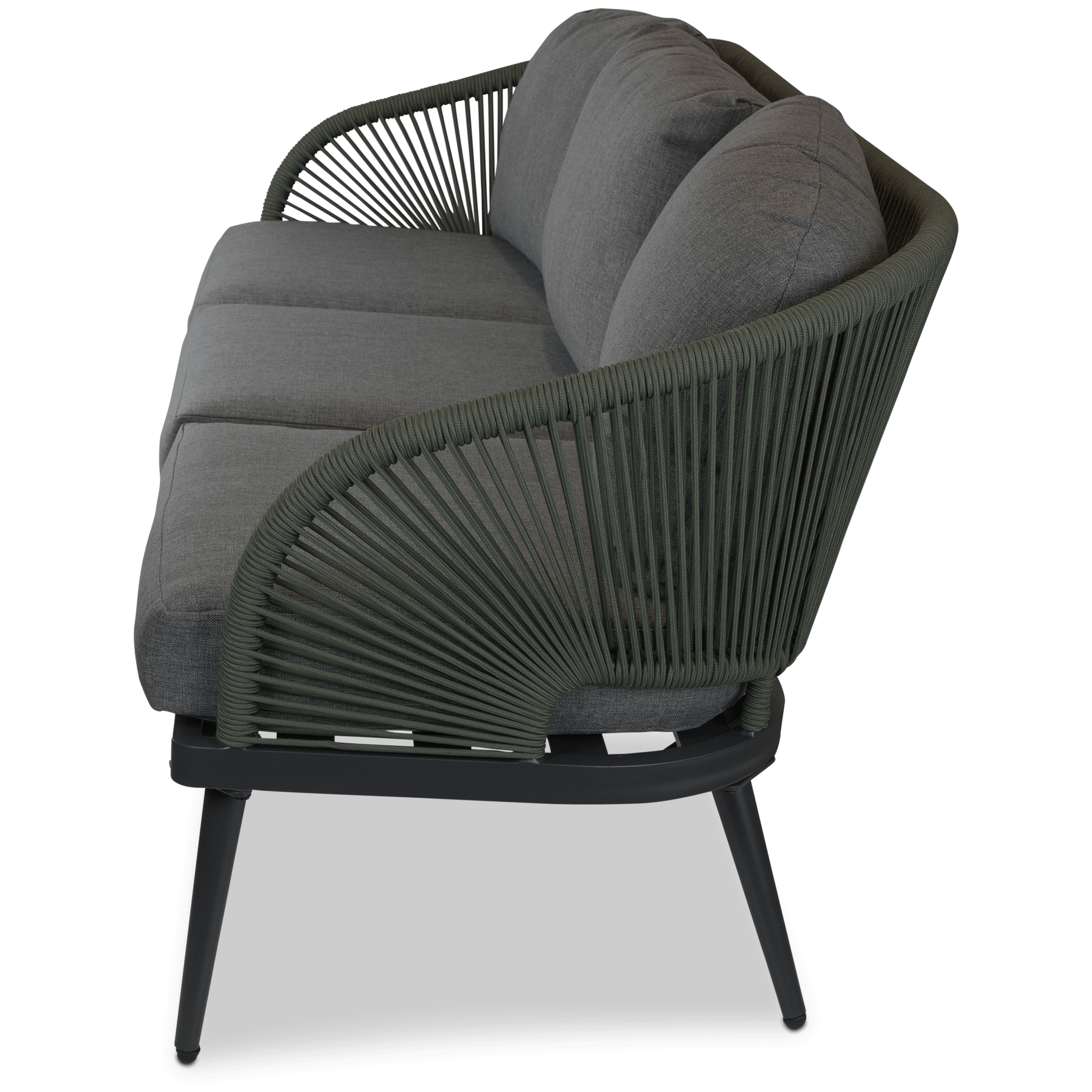 Santa Monica 3 Seater, 2 x Armchair and Coffee Table with Soft Ash Olefin Cushions, Bonsai Olefin Rope and Gunmetal Aluminium Frame