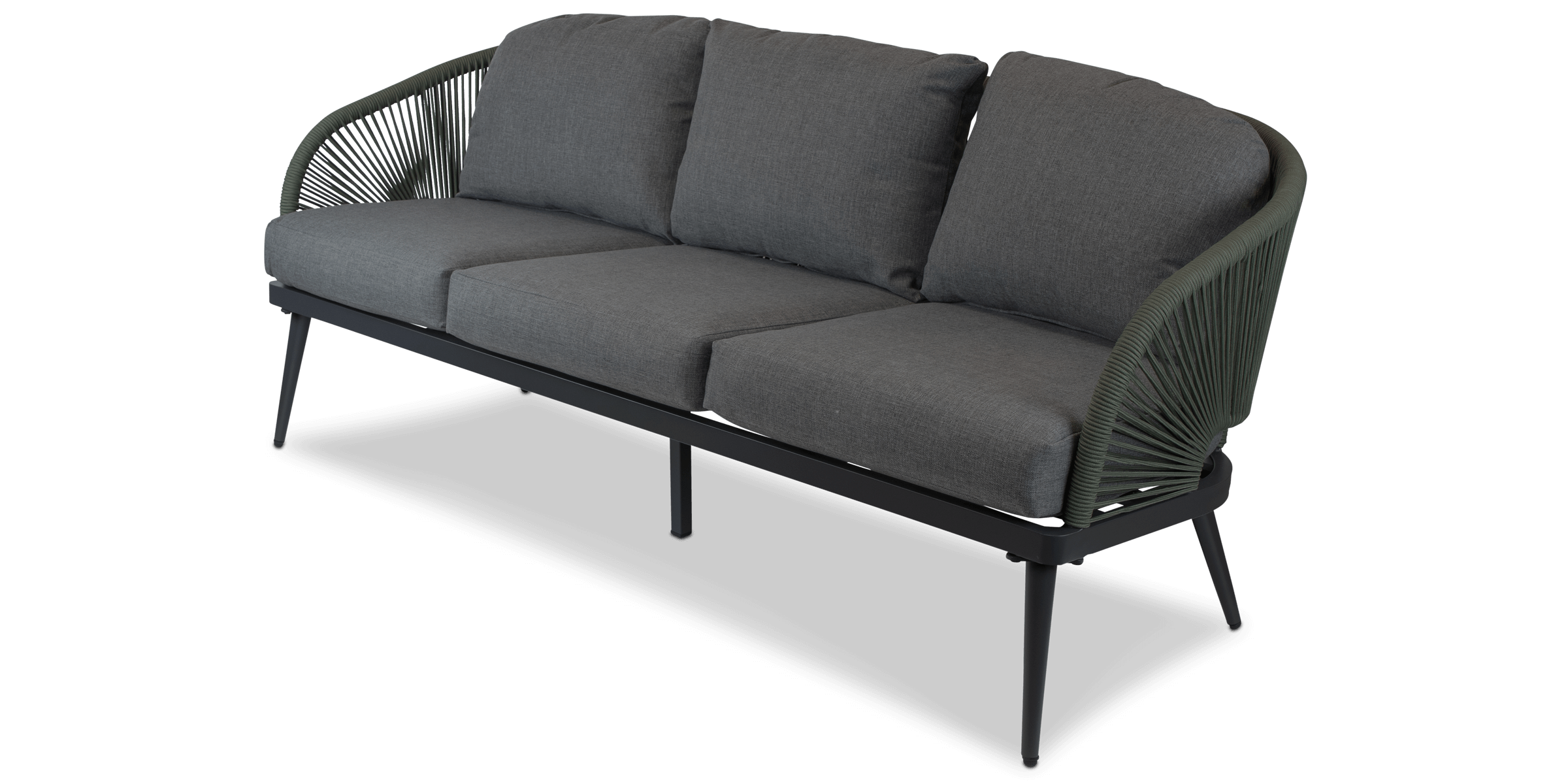 Santa Monica 3 Seater, 2 x Armchair and Coffee Table with Soft Ash Olefin Cushions, Bonsai Olefin Rope and Gunmetal Aluminium Frame