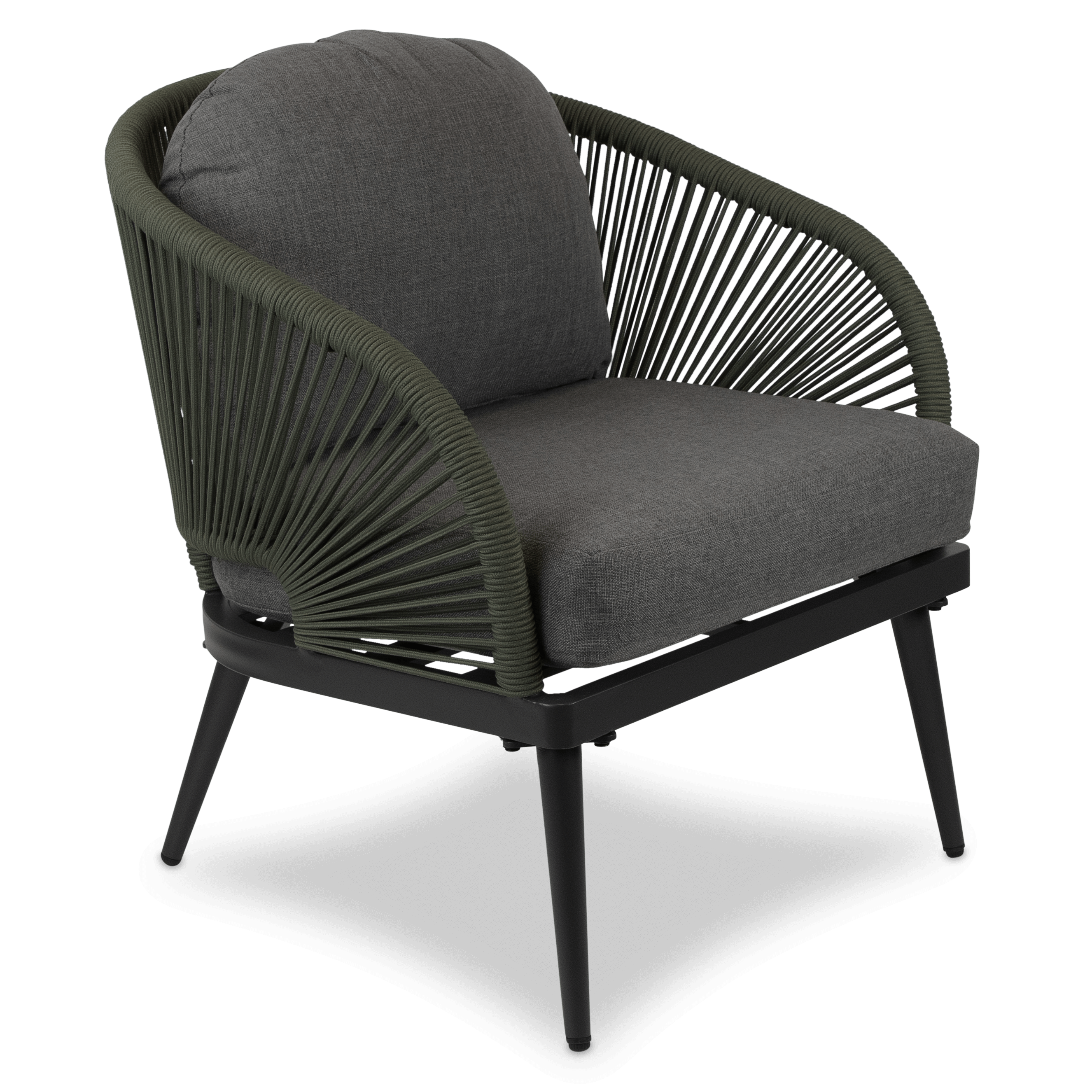 Santa Monica 3 Seater, 2 x Armchair and Coffee Table with Soft Ash Olefin Cushions, Bonsai Olefin Rope and Gunmetal Aluminium Frame