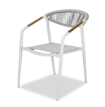Amalfi Dining Chair in Arctic White, Olefin Rope with Polywood Teak Accent and Stone Grey Textilene