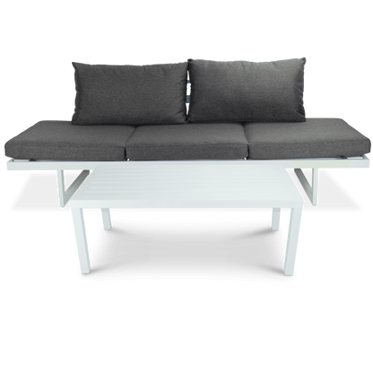 Milan 3 Seater Dual Sunlounger with San Sebastian Coffee Table in Arctic White Frame and Pebble Olefin Cushions