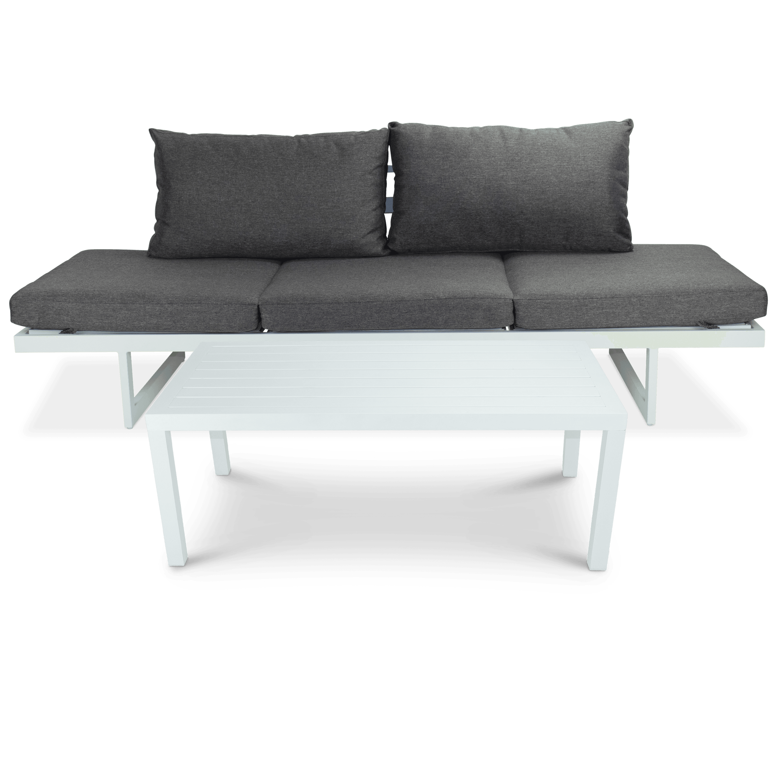 Milan 3 Seater Dual Sunlounger with San Sebastian Coffee Table in Arctic White Frame and Pebble Olefin Cushions