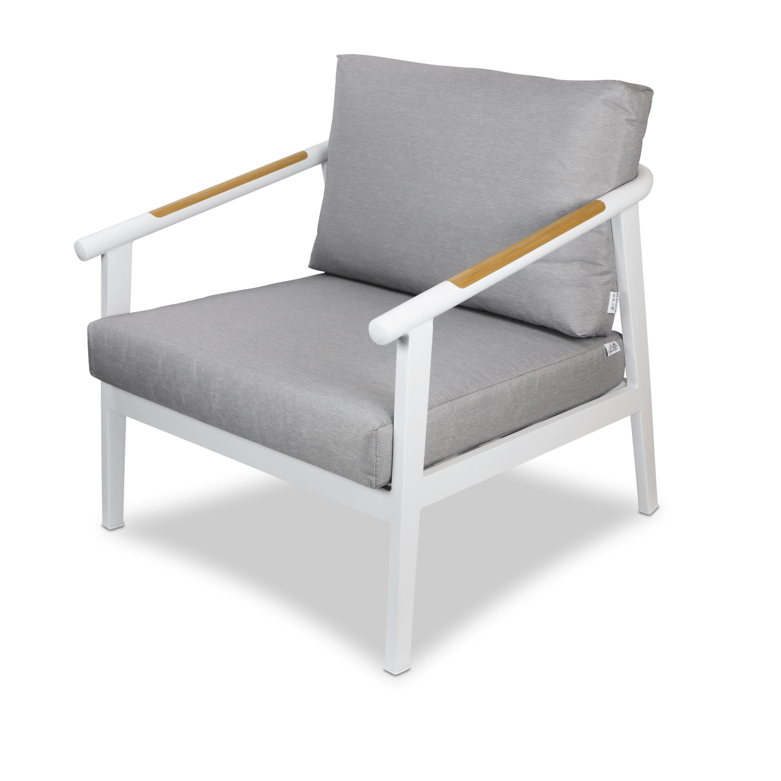 Porto & Santorini Large 3pc Occasional Set in Arctic White Aluminium Frame with Teak Polywood Accent and Spuncrylic Stone Grey Cushions