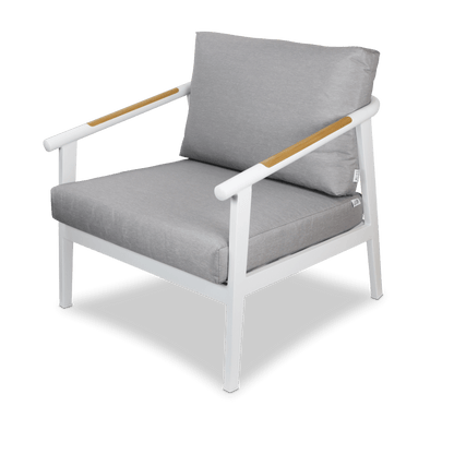 Porto & Santorini Large 3pc Occasional Set in Arctic White Aluminium Frame with Teak Polywood Accent and Spuncrylic Stone Grey Cushions