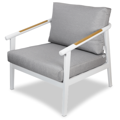 Porto Outdoor Armchair in Arctic White Aluminium Frame with Teak Polywood Accent and Spuncrylic Stone Grey Cushions