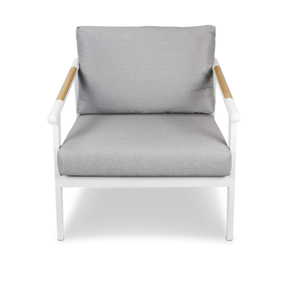 Porto & Santorini Large 3pc Occasional Set in Arctic White Aluminium Frame with Teak Polywood Accent and Spuncrylic Stone Grey Cushions