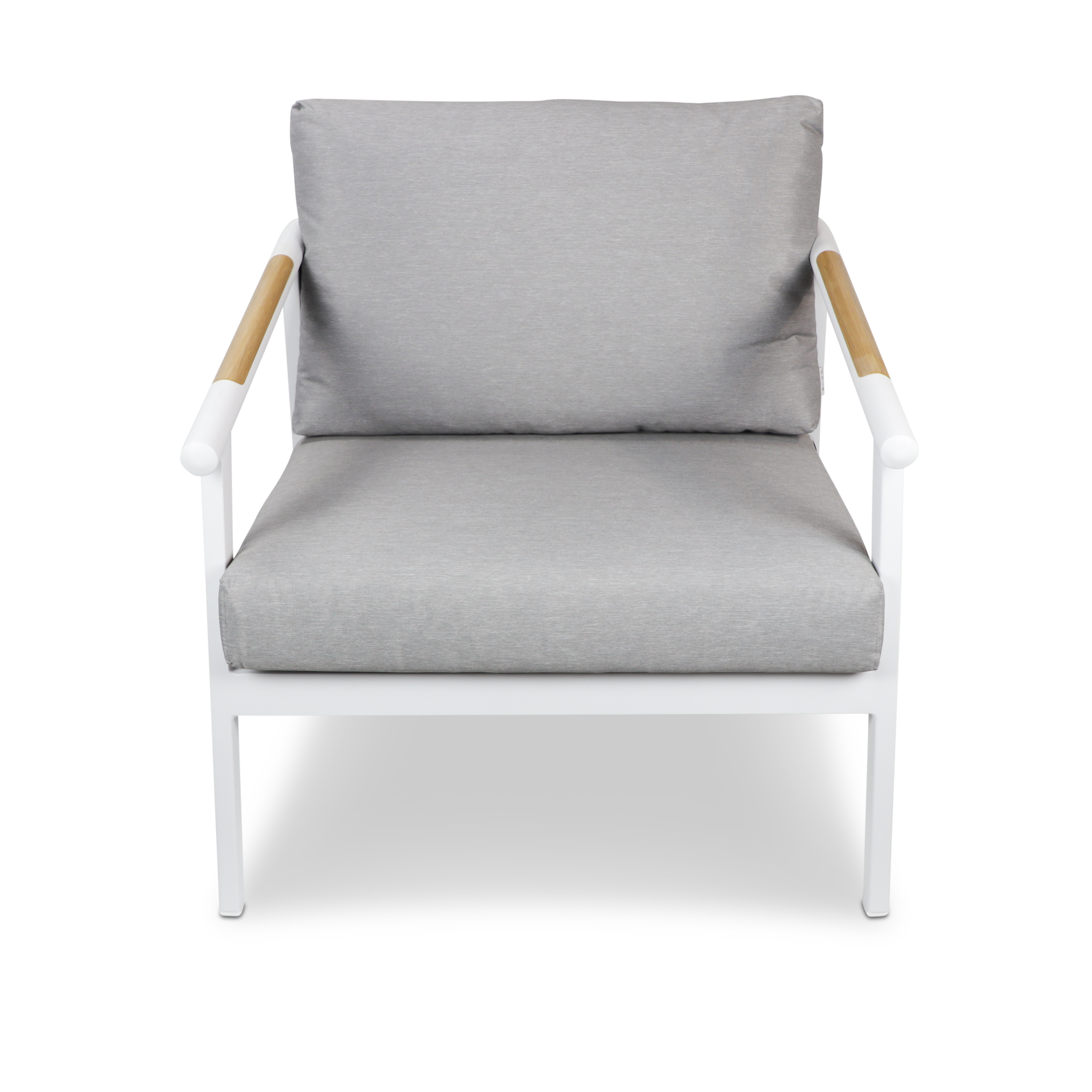 Porto & Ravello 3pc Occasional Set in Arctic White Aluminium Frame with Teak Polywood Accent and Spuncrylic Stone Grey Cushions